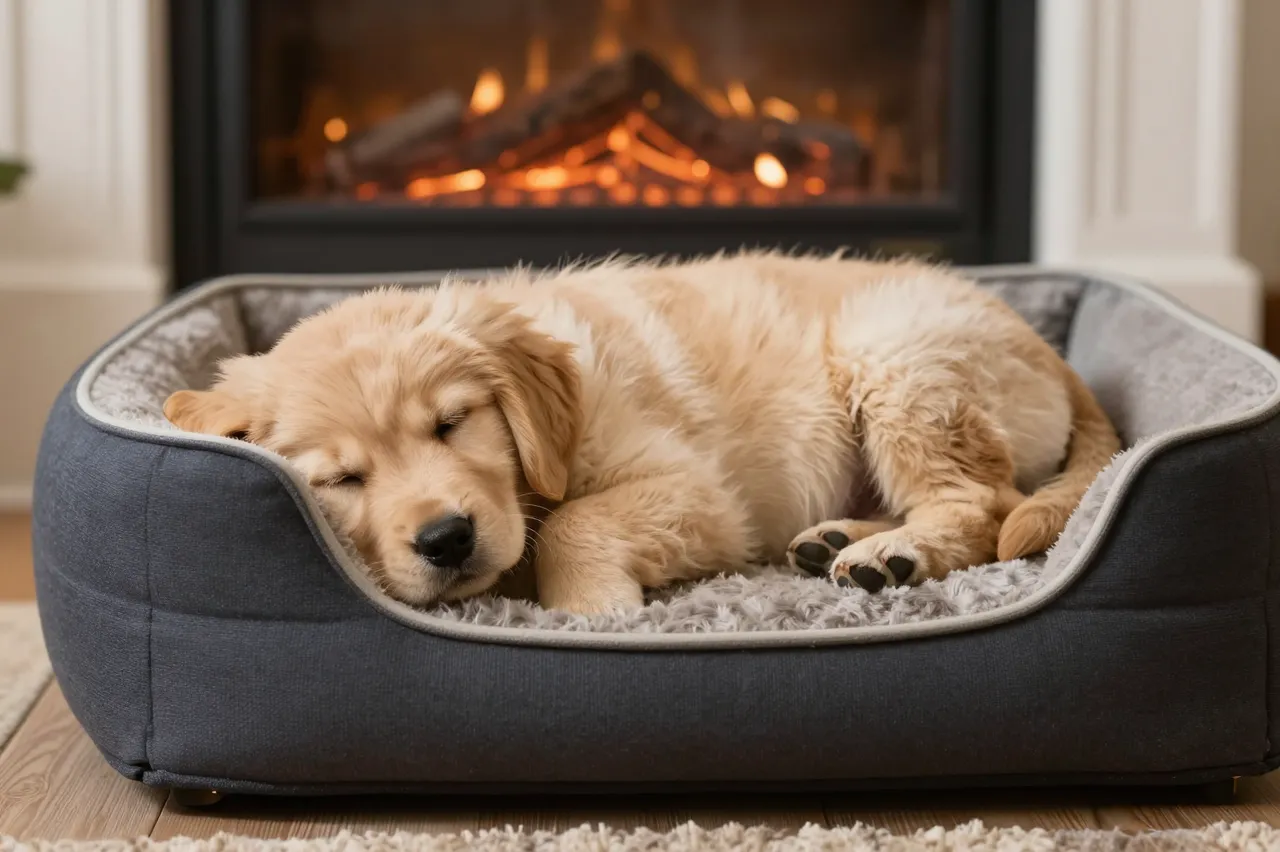 A fluffy golden retriever puppy sleeps curled in a plush dog bed in front of a glowing fireplace.