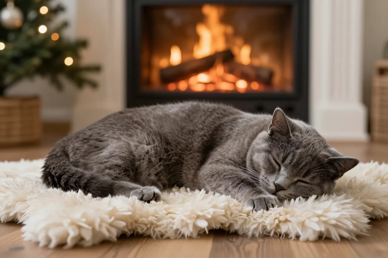 A gray cat asleep on a fluffy white rug in front of a glowing fireplace and lit Christmas tree.