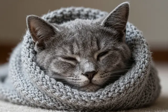 A gray kitten rests asleep curled inside a soft knitted gray scarf on a soft indoor surface.