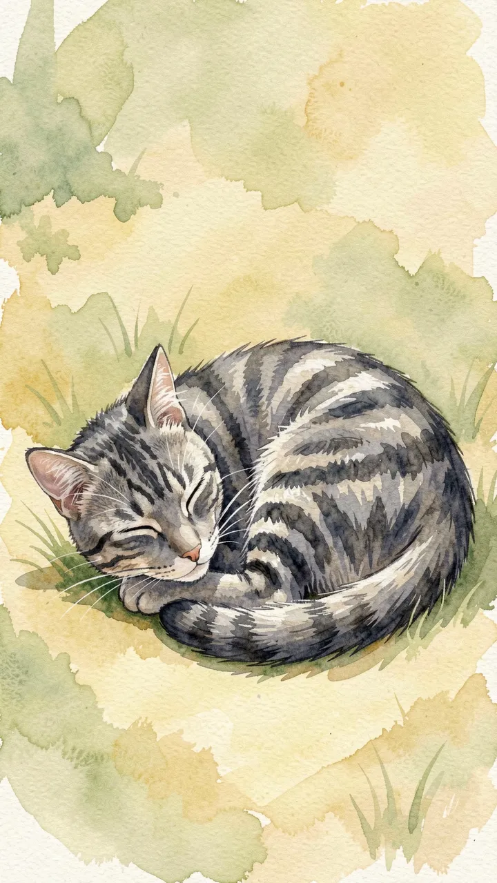 Watercolor illustration of a gray tabby cat curled asleep in a sunlit grass patch