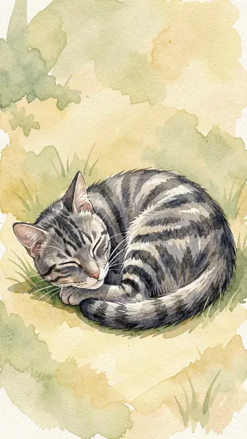 Watercolor illustration of a gray tabby cat curled asleep in a sunlit grass patch