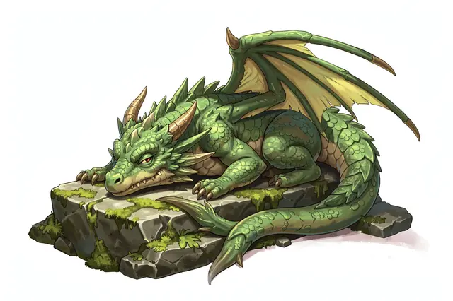 A scaly green fantasy dragon rests curled atop a moss-covered gray stone against a plain white background