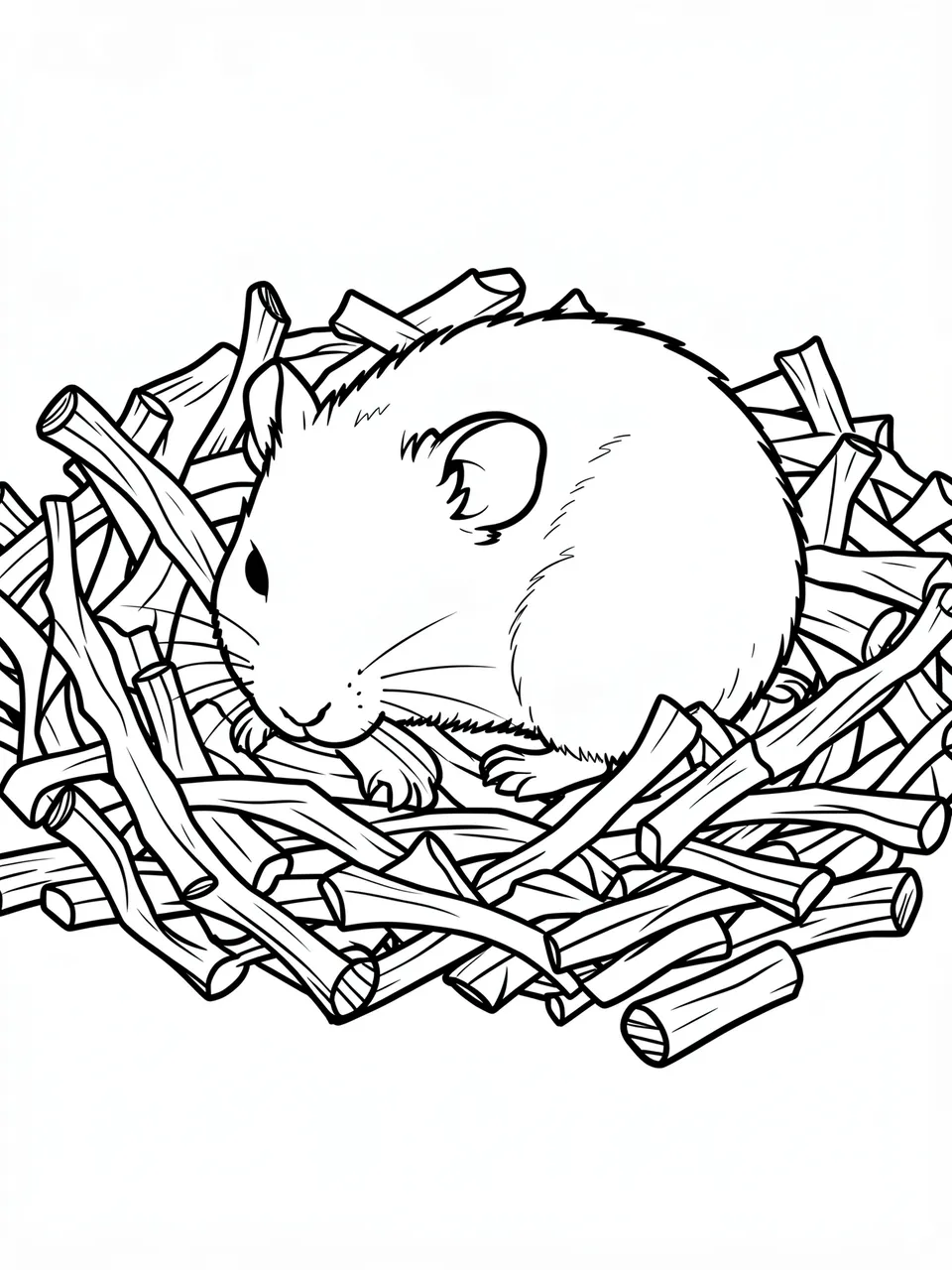 Black and white line art of a sleeping hamster curled in a bed of wood shavings on a white background
