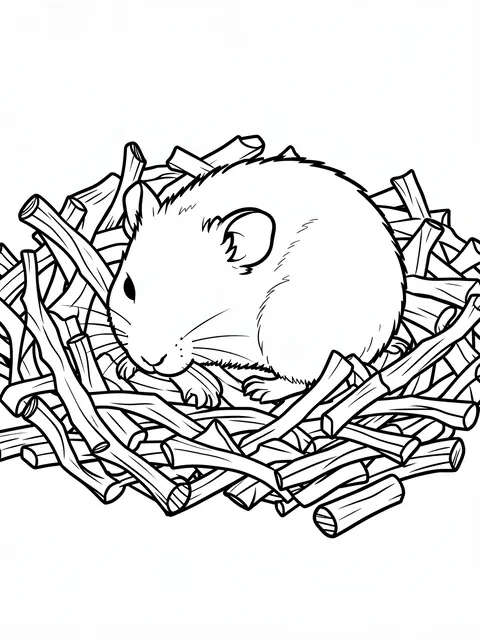 Black and white line art of a sleeping hamster curled in a bed of wood shavings on a white background