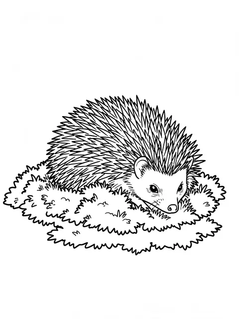 Black and white line art of a hedgehog resting on a patch of moss against a plain white background