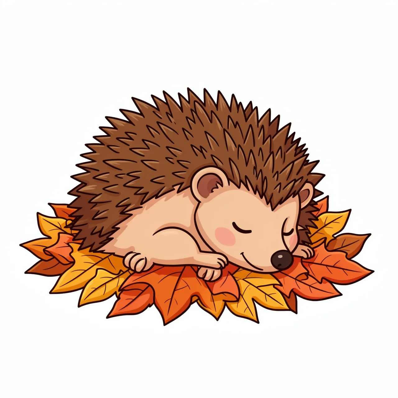 Cute cartoon hedgehog napping peacefully atop a pile of colorful fall maple leaves on a plain white background