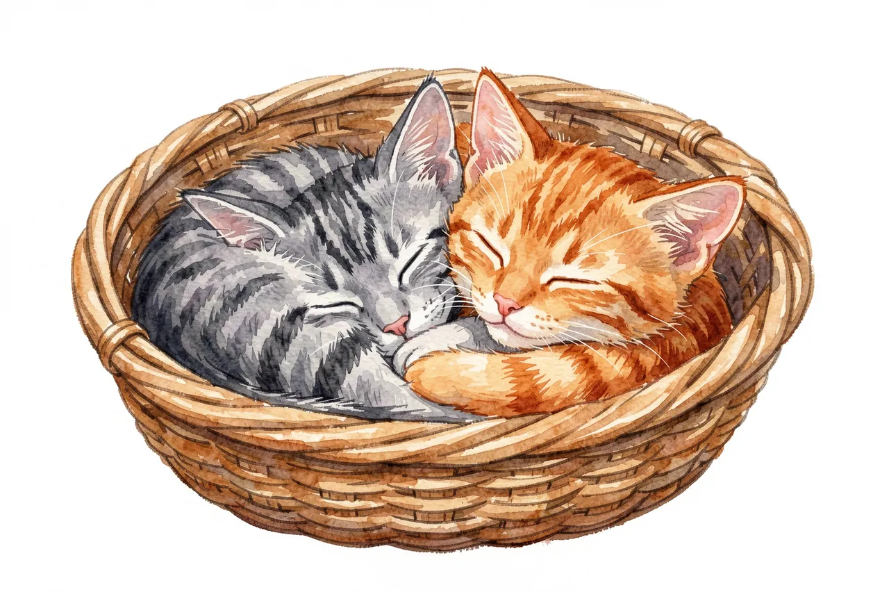 A watercolor illustration of a gray tabby and ginger kitten curled up asleep together inside a woven wicker basket