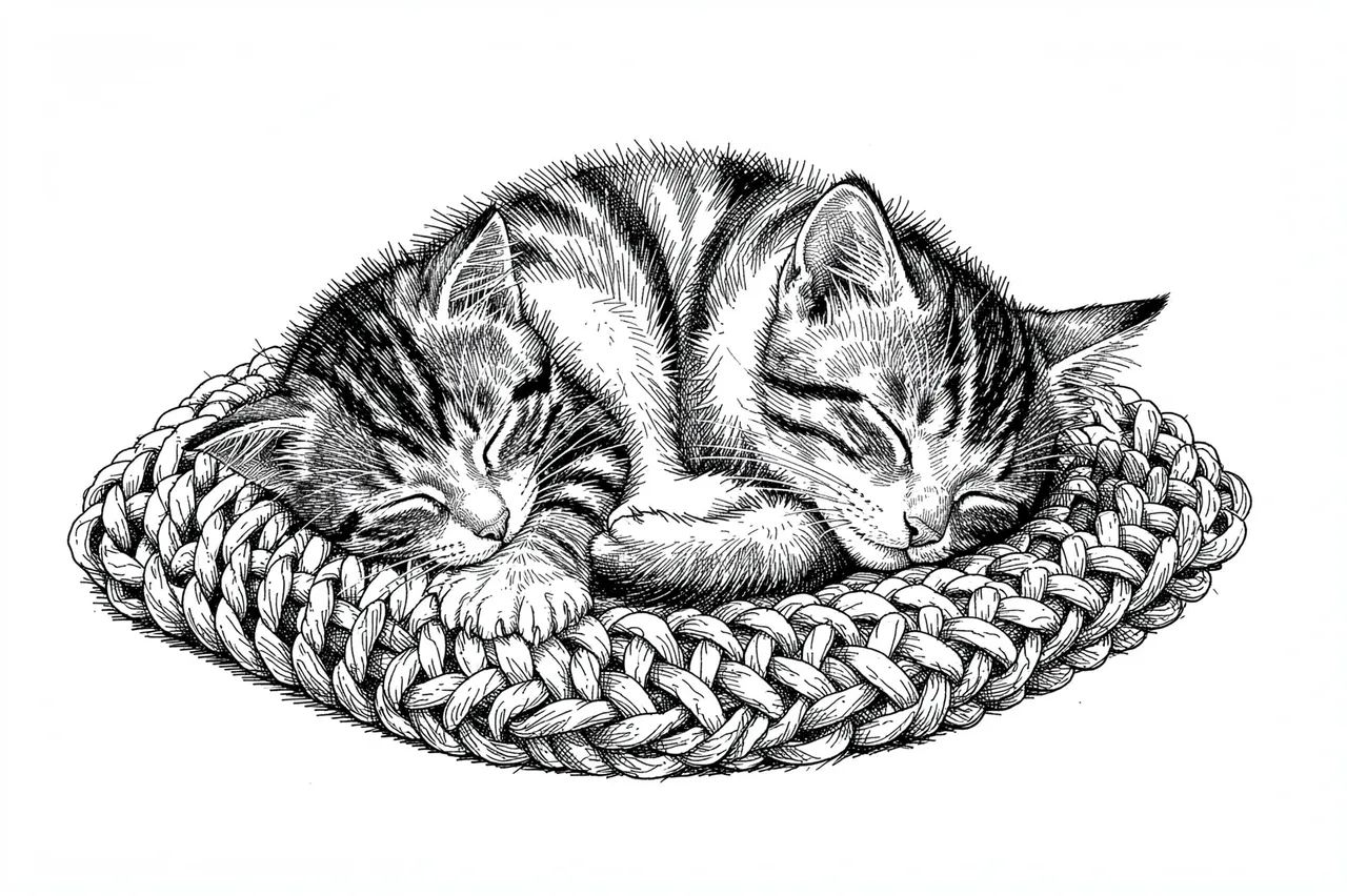 Pen and ink cross-hatch drawing of two tabby kittens curled asleep on a thick woven knitted mat