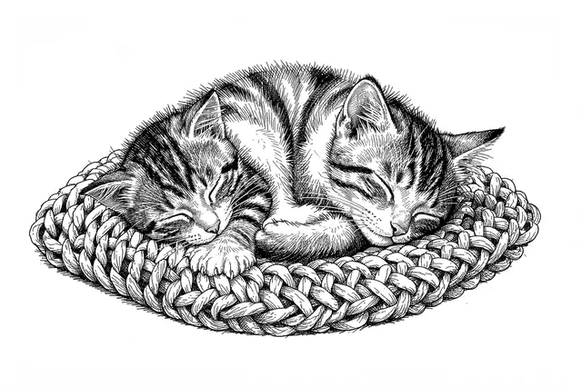 Pen and ink cross-hatch drawing of two tabby kittens curled asleep on a thick woven knitted mat