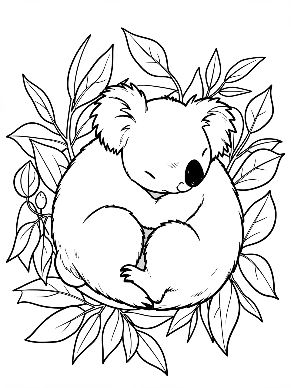 Black and white line art of a curled up sleeping koala surrounded by eucalyptus leaves