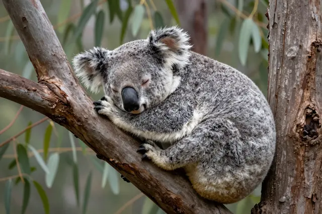 A koala rests asleep curled in the fork of a eucalyptus tree branch