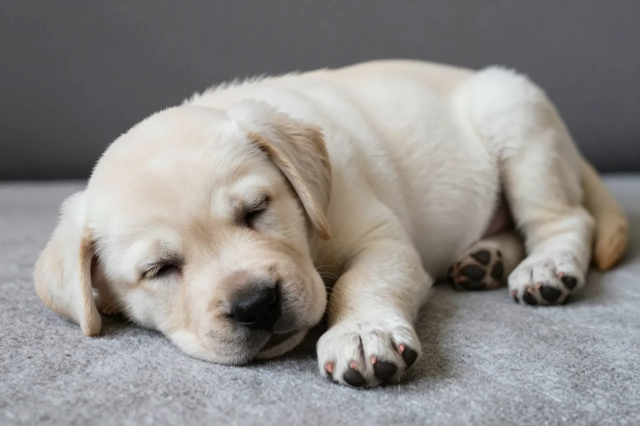 A cream labrador puppy sleeps peacefully lying on a soft light gray blanket