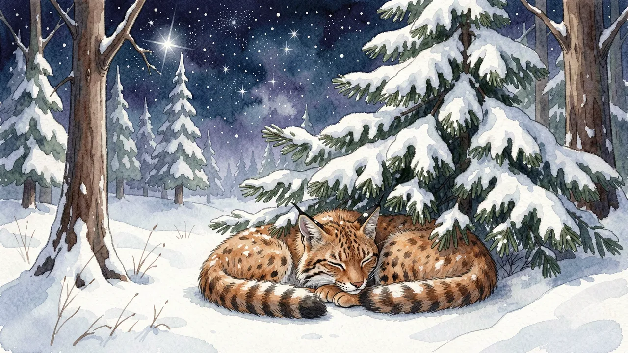 A lynx curled asleep under a snow-covered spruce beneath a starry night sky