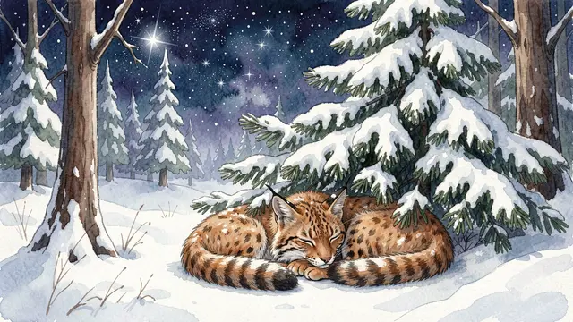 A lynx curled asleep under a snow-covered spruce beneath a starry night sky