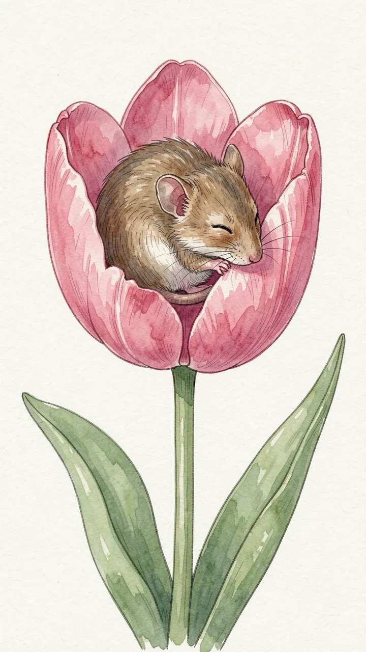A curled asleep field mouse rests inside the petals of a pink tulip in soft watercolor style