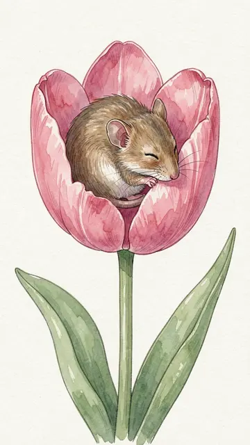A curled asleep field mouse rests inside the petals of a pink tulip in soft watercolor style