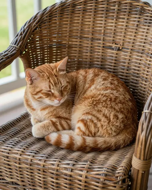An orange tabby cat curled up asleep on a woven wicker porch chair in warm sunlight.
