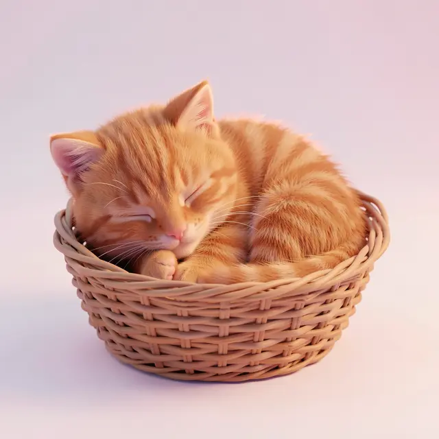 A fluffy orange tabby kitten curled asleep inside a small woven wicker basket