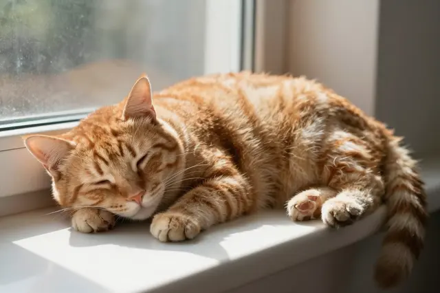 A fluffy orange tabby cat rests asleep on a sunlit white interior windowsill.