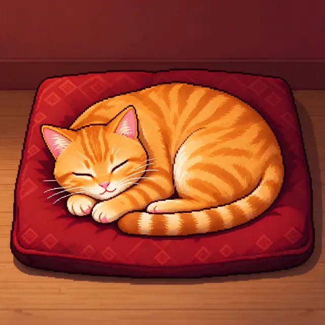 A curled up sleeping orange tabby cat rests on a patterned red cushion in retro pixel art style