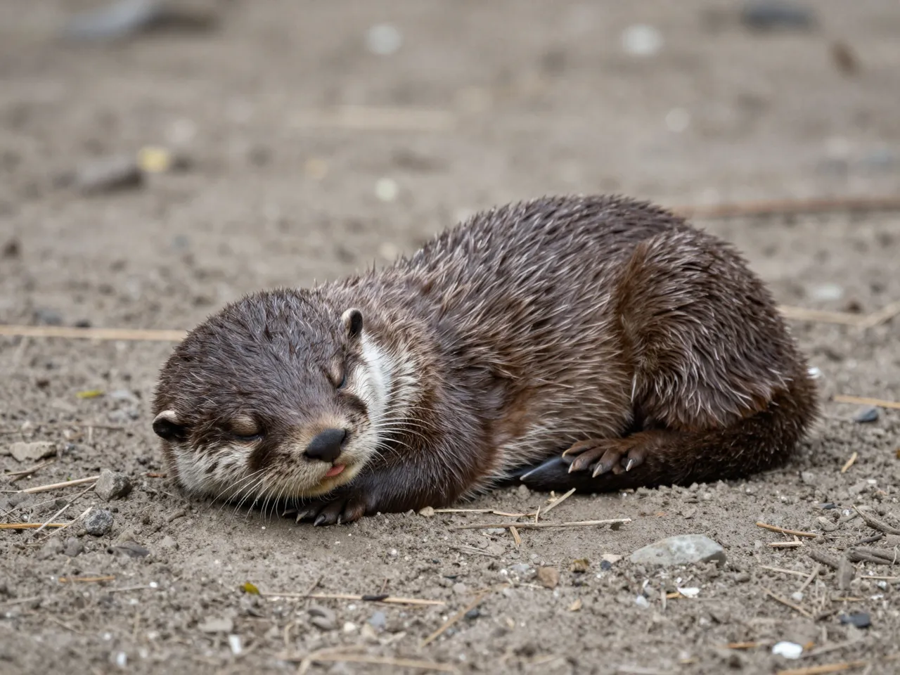 A small otter pup with closed eyes rests asleep curled up on a sandy pebbled riverbank.