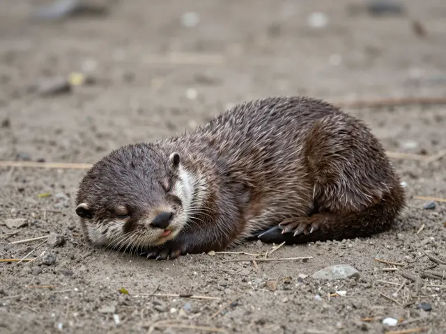 A small otter pup with closed eyes rests asleep curled up on a sandy pebbled riverbank.