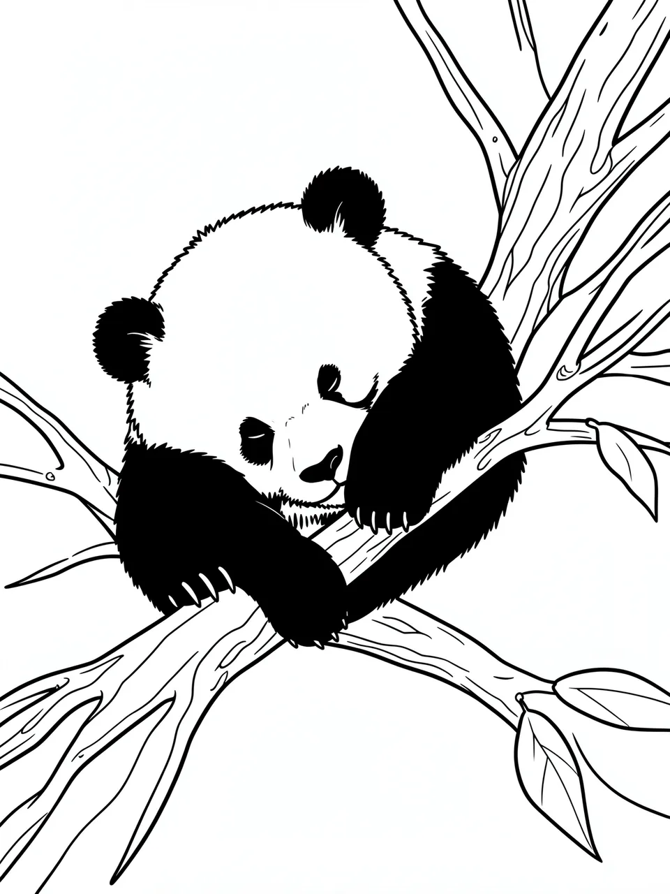 Black and white line art of a sleeping panda cub draped across tree branches on a plain white background