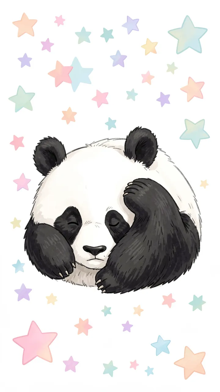 A cute illustrated giant panda sleeps surrounded by soft pastel colored stars on a light background