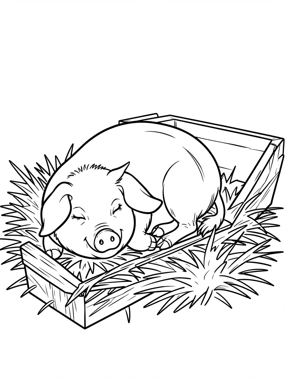 Black and white line art of a napping pig resting in straw next to a wooden trough on a plain white background