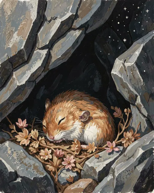 A pika curls asleep on dried flowers in a rocky mountain ledge den under a starry night sky