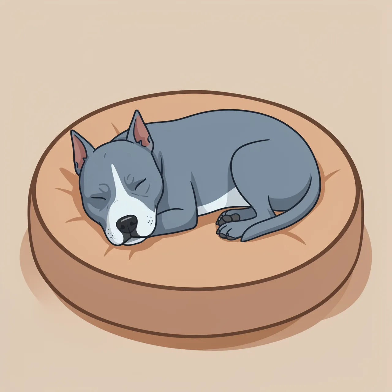 A blue-gray pit bull terrier sleeps curled comfortably on a round tan dog bed against a plain beige background.