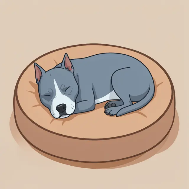 A blue-gray pit bull terrier sleeps curled comfortably on a round tan dog bed against a plain beige background.