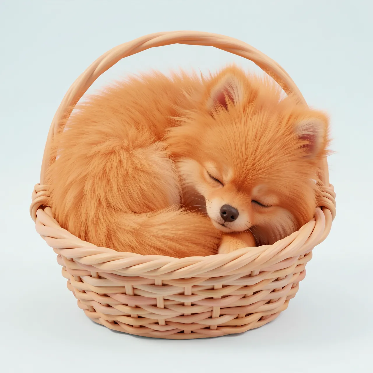 A fluffy orange Pomeranian puppy curled asleep inside a small light wicker basket against a pale blue background.