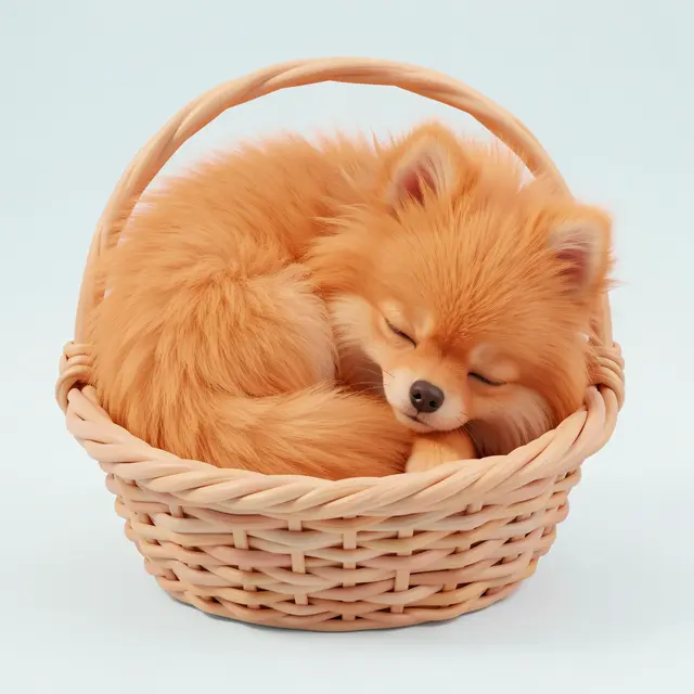 A fluffy orange Pomeranian puppy curled asleep inside a small light wicker basket against a pale blue background.