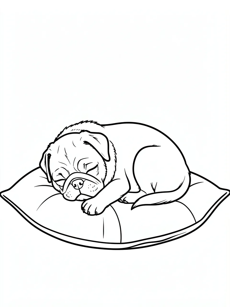 Bold black line art of a pug puppy curled up asleep on a cushion against a plain white background