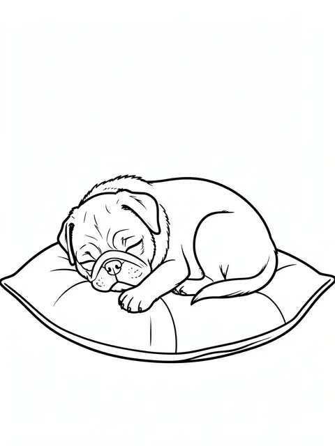 Bold black line art of a pug puppy curled up asleep on a cushion against a plain white background