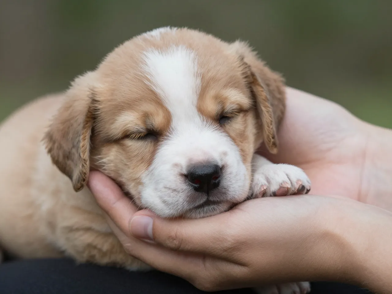 A tiny sleeping tan and white puppy rests gently cupped in a pair of adult hands