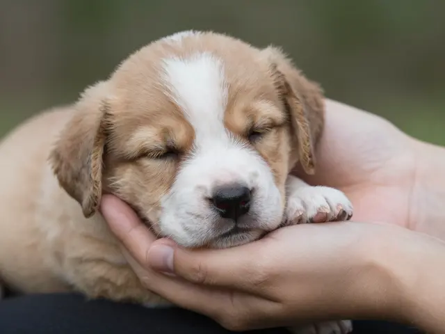 A tiny sleeping tan and white puppy rests gently cupped in a pair of adult hands