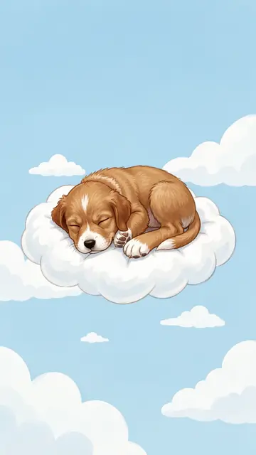 A fluffy brown and white puppy sleeps curled peacefully on a soft white cloud against a light blue sky.