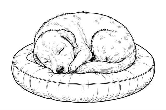 Fine line art drawing of a curled sleeping puppy resting on a round cushion against a plain white background