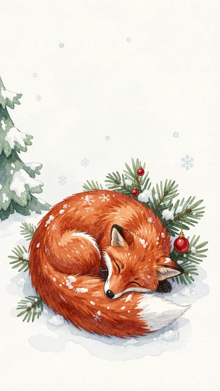 Curled sleeping red fox rests on snow under a decorated snowy fir branch in a gouache Christmas illustration