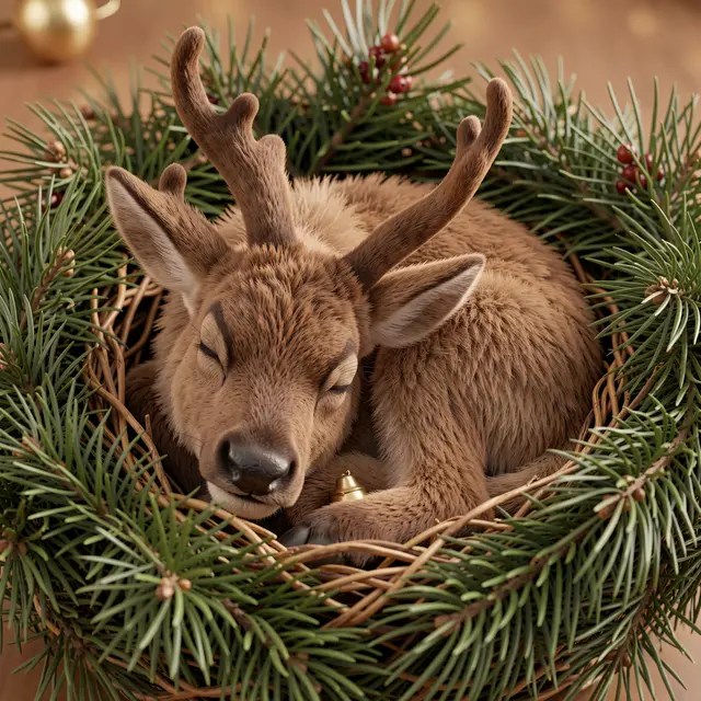 A sleeping reindeer calf rests curled in a twig nest lined with pine branches, holding a tiny golden bell.