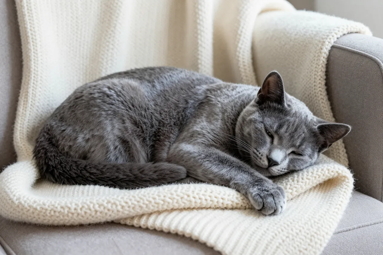 A gray Russian Blue cat curls asleep on a cream knit throw draped over a gray armchair