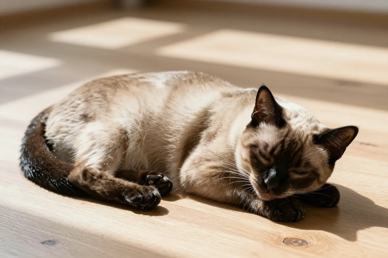 A siamese cat rests asleep curled on a sunlit wooden indoor floor