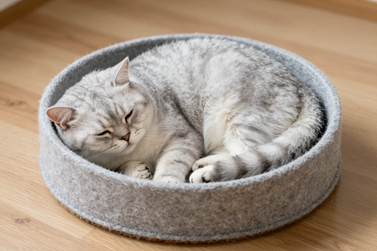 Silver British Shorthair cat curled asleep in a round felt cat bed on a light wooden floor