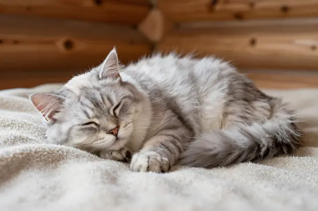 A fluffy silver longhair cat sleeps peacefully curled on a soft cream blanket inside a log cabin.