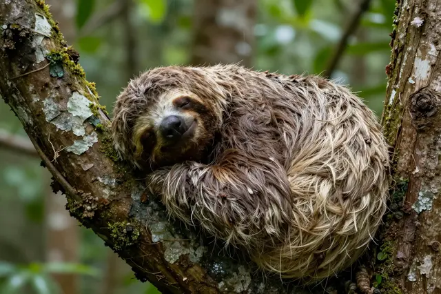 A wet, sleeping sloth curls tightly between two rainforest tree branches