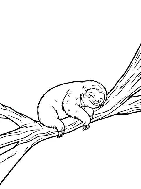 Black and white bold line art of a sleepy sloth napping curled on a thick tree branch