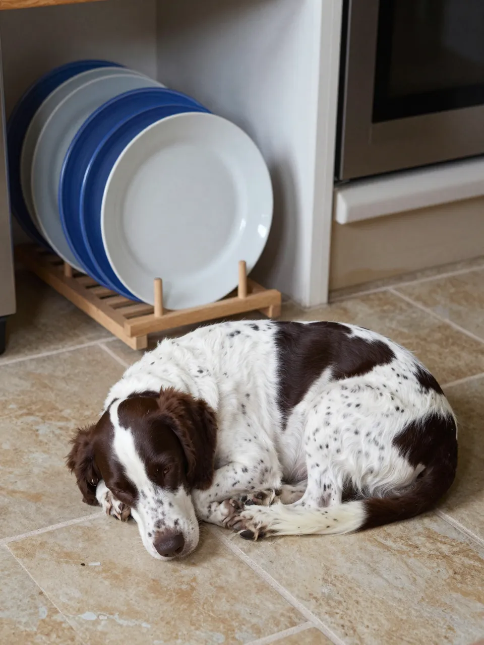 A brown and white spaniel sleeps curled on tiled kitchen flooring near a wooden plate rack of blue and white dishes