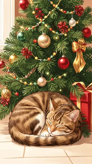 A curled up tabby cat sleeps peacefully on the floor next to a decorated Christmas tree and wrapped gift